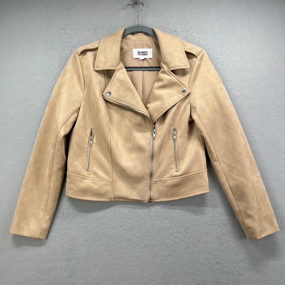 BB Dakota Steve Madden Moto Jacket Womens M Beige Tan Faux Suede Cropped Biker